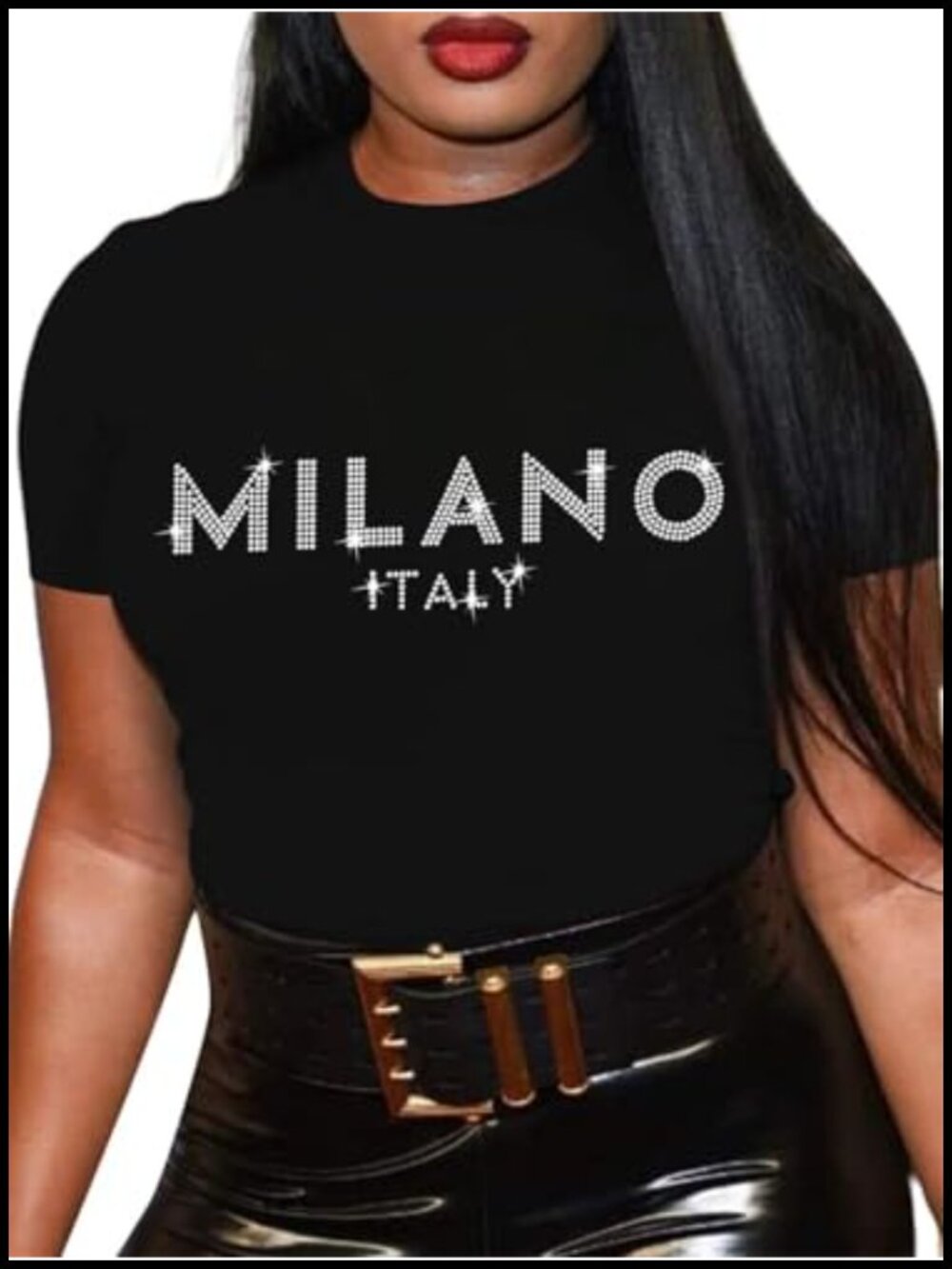 Womens Graphic Tee Milano Italy Rhinestone T-Shirt Loose Fit Short Sleeve